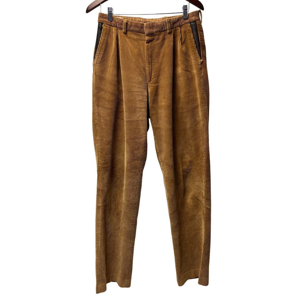 Orvis 34 Brown Wide Wale Corduroy Pants Leather Trim Classic Preppy 80s England